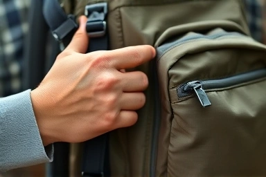 Close-up of adjustable hiking backpack straps and pockets.